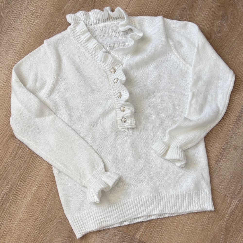 SHEIN White Ruffled V-Neck Sweater